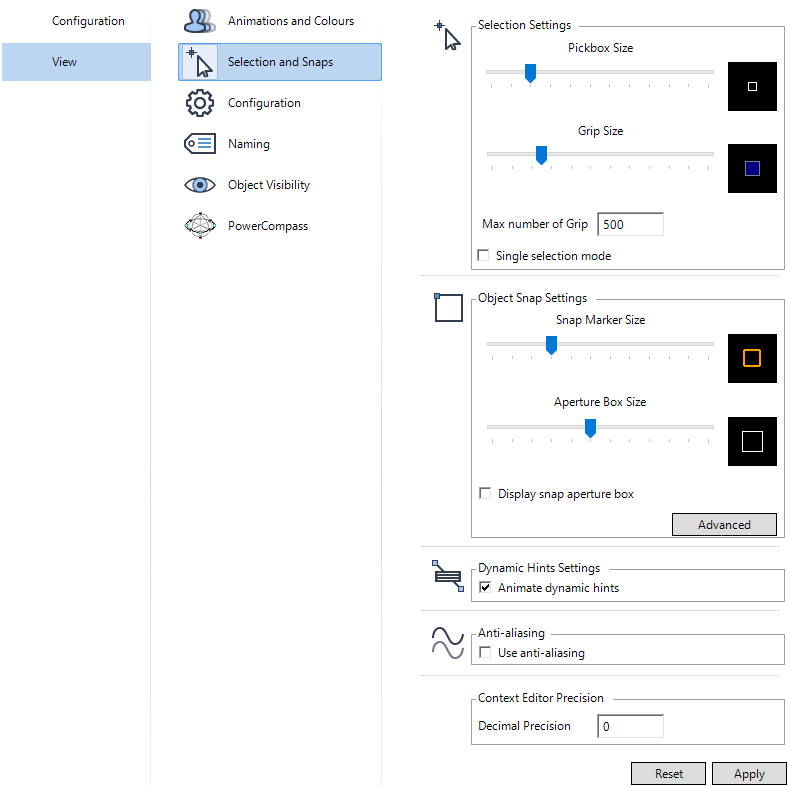 Object Selection and Object Snap Settings